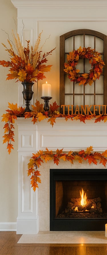fireplace mantel decorated with a fall wreath framed above, large floral arrangements in black vases