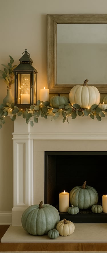 fireplace mantel decorated with rustic lanterns holding ivory candles, soft fairy lights, eucalyptus