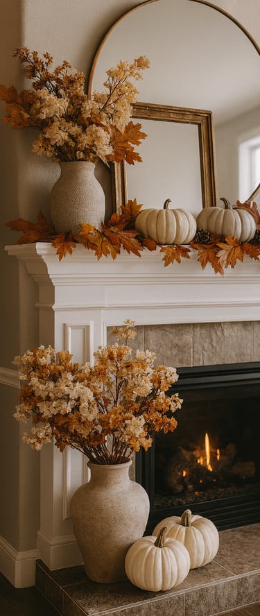 fireplace mantel decorated for fall with a round brass-framed mirror layered with a vintage frame
