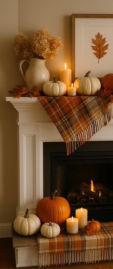 fireplace mantel decorated for fall with a plaid scarf draped across it, ivory and orange pumpkins