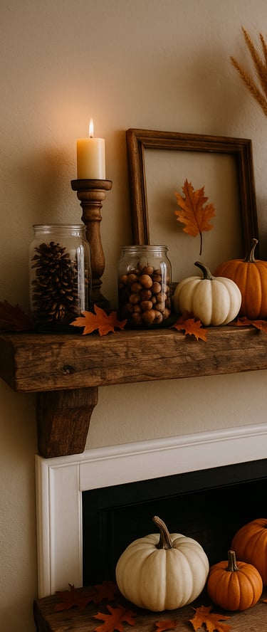rustic wooden mantel decorated for fall with jars of pinecones and acorns, wheat stalks in a vase