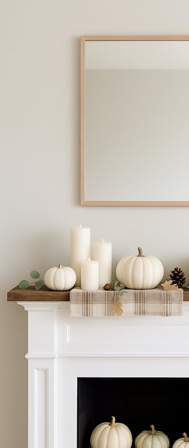 minimalist white fireplace mantel decorated with ivory pumpkins, cream pillar candles, eucalyptus 