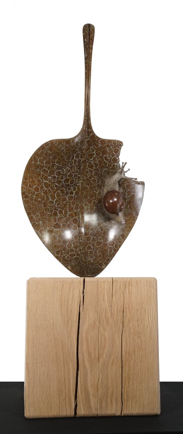 Bronze On Oak Sculpture Of Snail On Hosta Leaf By Mark Richard Hall