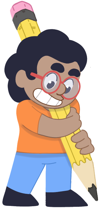Cartoon boy with glasses smiling while holding a giant yellow pencil mascot illustration.