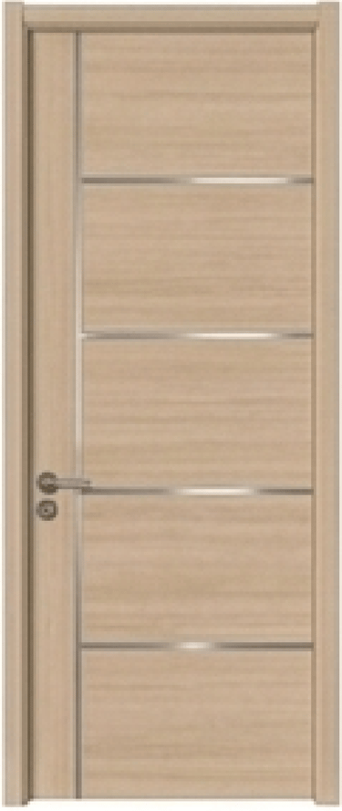 Modern light oak interior door with horizontal aluminum metal inlays and handle.