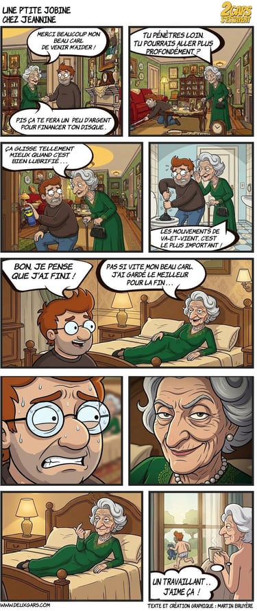 A French comic strip titled Une P'tite Jobine Chez Jeannine featuring a young man helping an elderly lady with household
