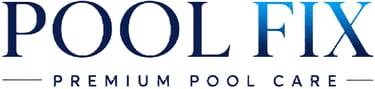 Pool Fix Premium Pool Care professional service logo with blue gradient text on a white background.