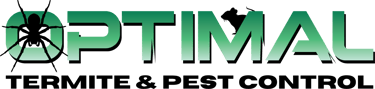 Optimal Termite and Pest Control logo featuring a green font with spider and rodent silhouettes.