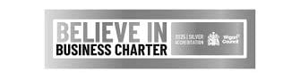 Wigan Council Believe in Business Charter 2025 Silver Accreditation logo on a silver background.