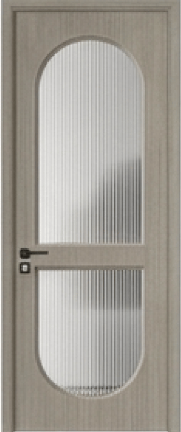 Modern grey interior door with an arched reeded glass window and black lever handle.