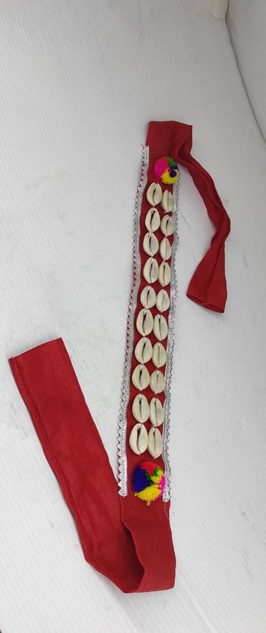 "Cloth forehead headband with natural shells–handmade tribal-style accessory,red-for global shipment"