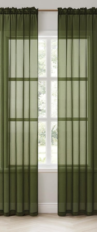 Elegant olive green sheer curtains hanging on a window in a bright living room with modern decor.