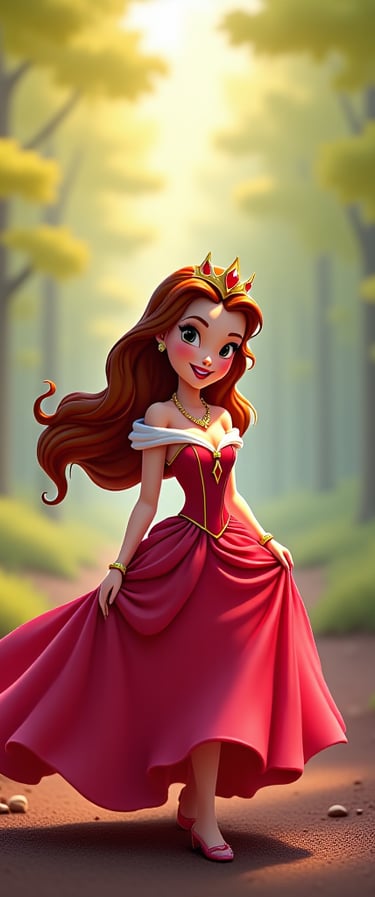 a cartoon princess in a red dress with a crown in the woods
