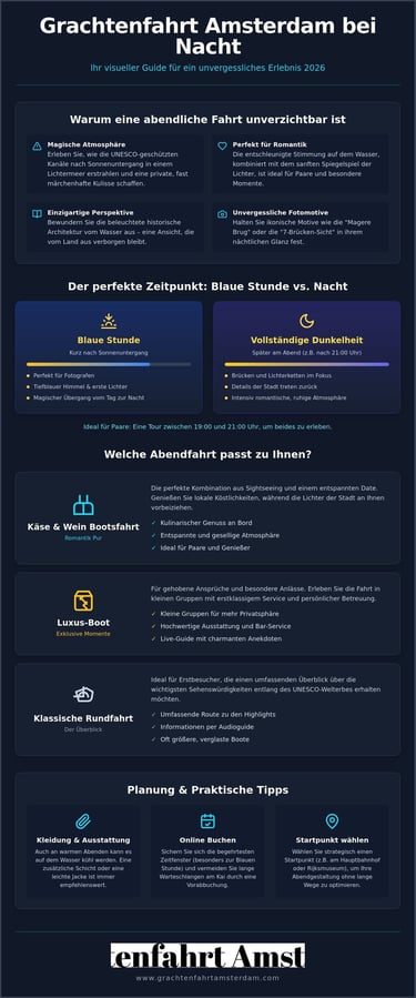 Infographic about Amsterdam canal cruises at night featuring tour options, planning tips, and UNESCO heritage sites.