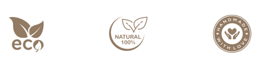 Set of three earth-tone icons for eco-friendly, 100% natural, and handmade with love products.