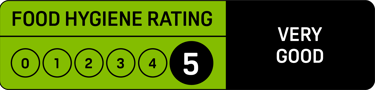 A green UK Food Hygiene Rating sticker showing a 5 Very Good score for restaurant safety.