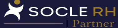 Socle RH Partner logo featuring a stylized human icon and professional typography on a navy blue background.