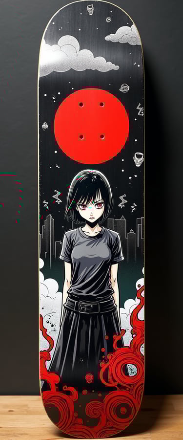 Custom anime skateboard deck featuring a black-haired girl with red eyes under a large red sun.
