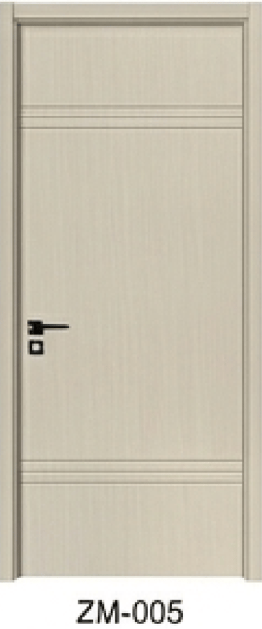 Modern light wood grain interior door with black handle and decorative horizontal grooves.