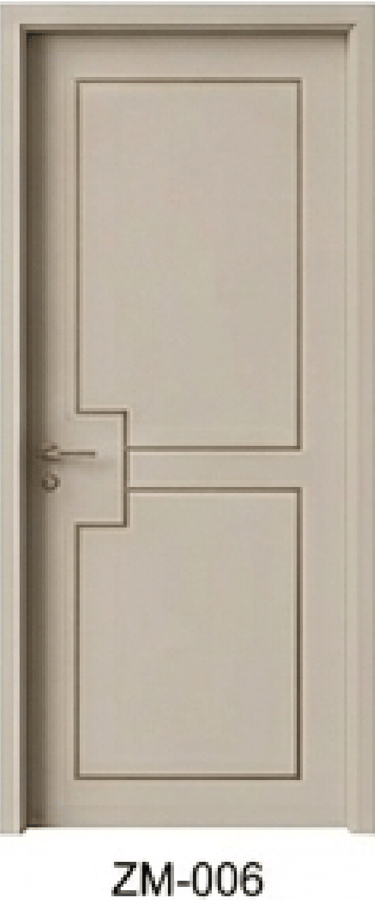 Modern beige interior door with geometric recessed panels and a metallic handle.