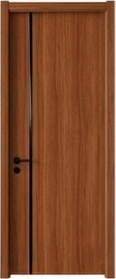 Modern walnut wood interior door with a vertical black metal strip and black handle.