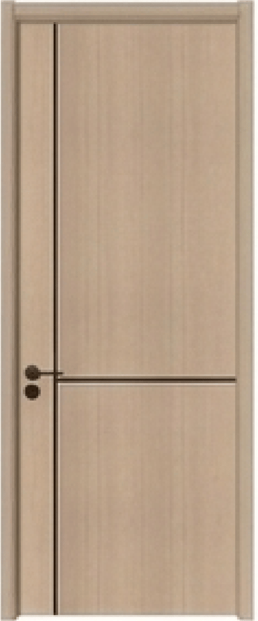 Modern light wood interior door with minimalist black handle and sleek dark inlay stripes.