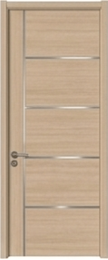 Modern light oak interior door with horizontal aluminum metal inlays and handle.