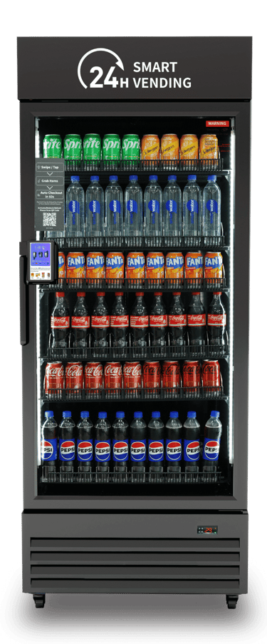 a display case with drinks and sodas