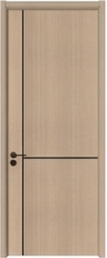 Modern light wood interior door with minimalist black handle and sleek dark inlay stripes.
