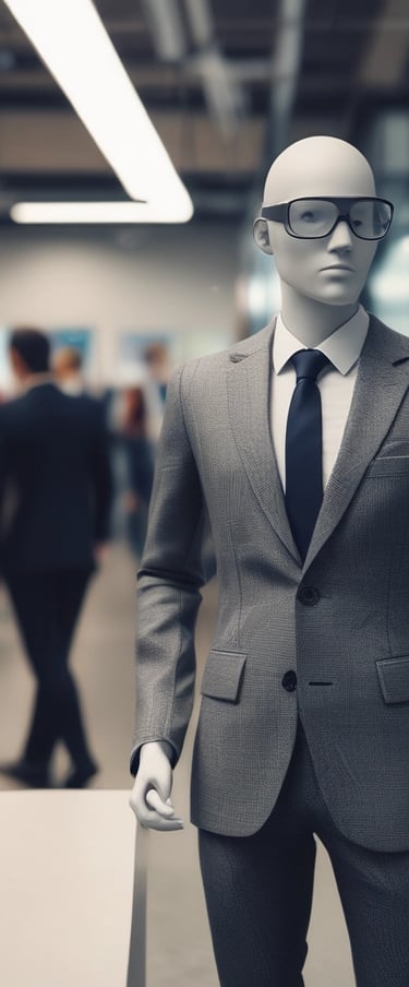 A friendly business professional talking on a headset with AI technology graphics in the background