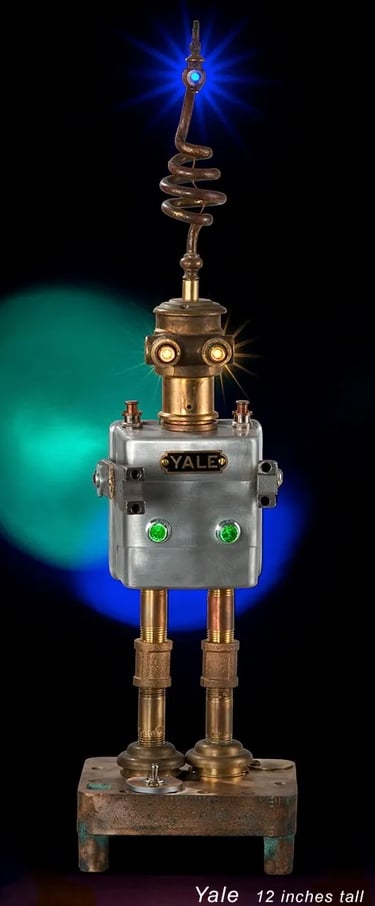Found object robot sculpture named Yale by Santa Barbara artist Tal Avitzur.