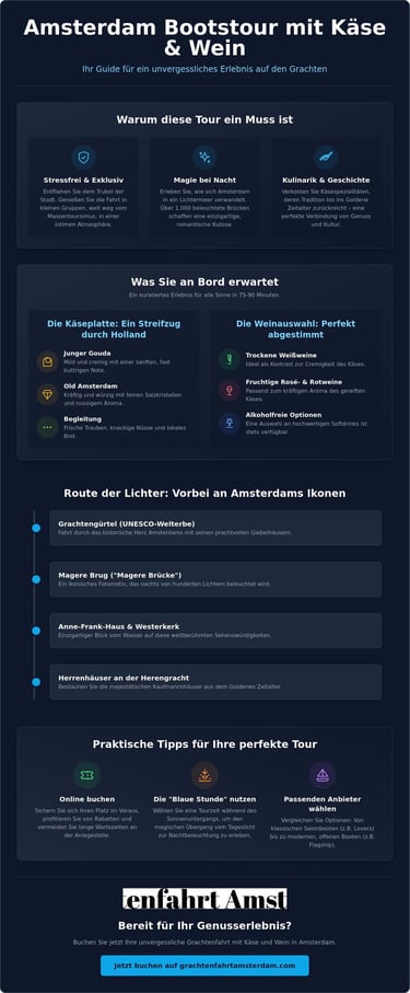 Infographic for an Amsterdam cheese and wine canal boat tour showing tour benefits, menu details, and route highlights.
