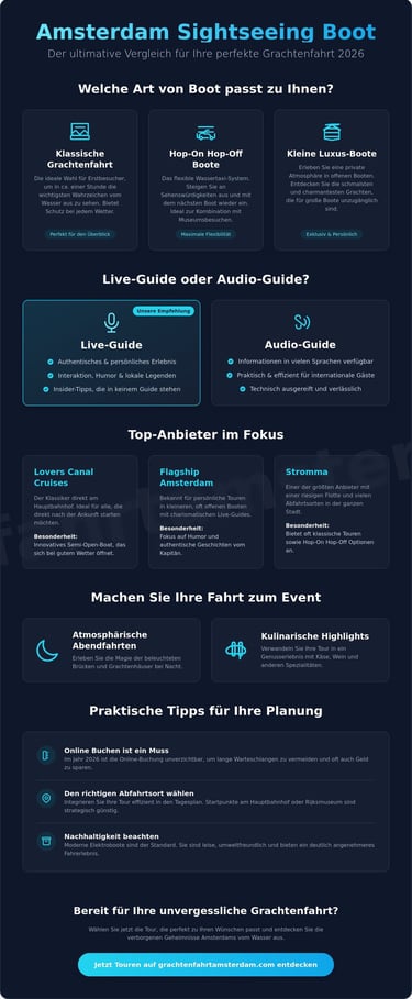 Infografik zum Vergleich von Amsterdam Grachtenfahrten 2026 mit Tipps zu Bootstouren, Anbietern und Buchungsmöglichkeiten.