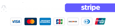 Secure checkout badges featuring the Stripe logo and major credit card icons like Visa and Mastercard.
