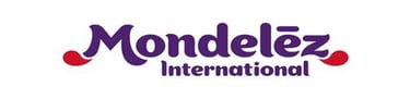 Official Mondelēz International logo with purple text and red accent flourishes on a white background.