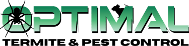 Optimal Termite and Pest Control logo featuring a green font with spider and rodent silhouettes.