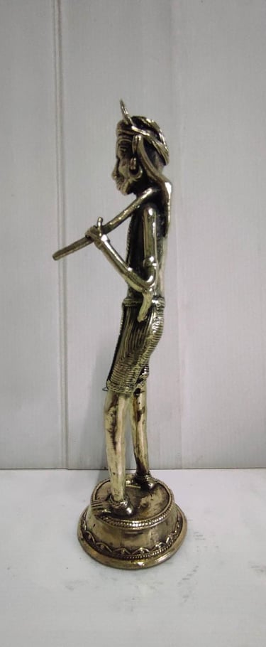 "Brass Tribal Man Sculpture Holding Axe–Left Side View-for foreign markets"