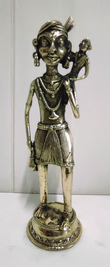 "Handcrafted brass tribal man carrying child on shoulder–front view-Sent overseas"