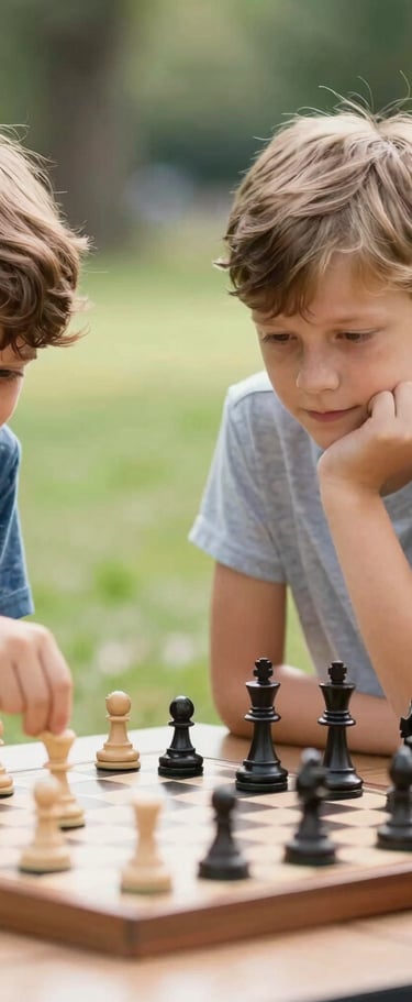 A smiling instructor guiding a group of children gathered around a large chess set.