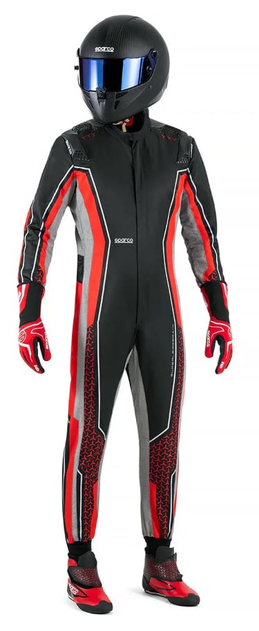 Professional Sparco karting suit in black and red with matching racing helmet, gloves, and boots.