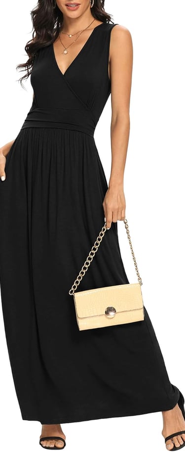 a woman in a black dress with a purse