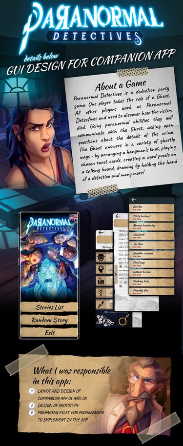 UI Design for companion app with extra scenarios for tabletop game Paranormal Detectives