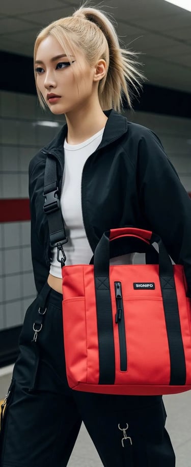 Model bergaya urban techwear membawa tas SIGNIFO berwarna Salem di stasiun kereta.