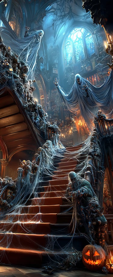 ghoul in a haunted mansion on spooky stairs 