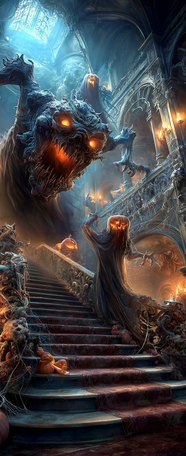ghouls on stairs in a haunted mansion 