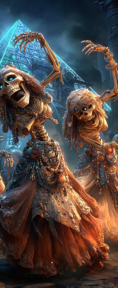 skeletons dancing on a spooky dance floor
