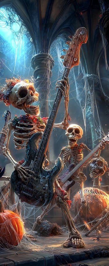 spooky skeletons playing dance music 