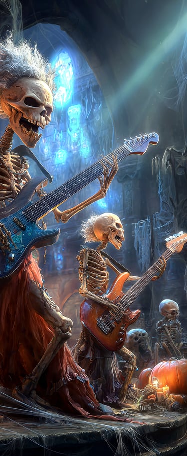 skeletons playing guitar on a stage