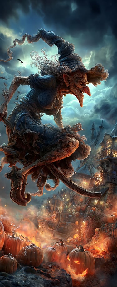 witch on a broom flying over a pumpkin patch