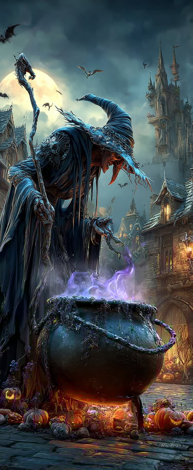 witch with a boiling caldron in a spooky scene